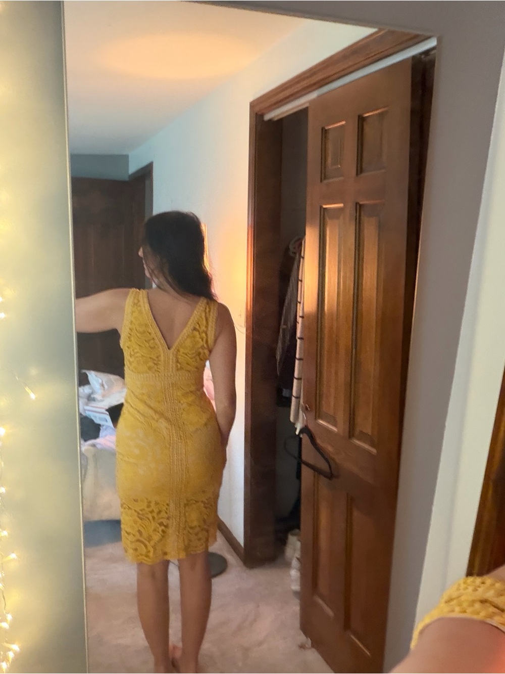 V-Neck Yellow Lace Midi Dress - Picture 2 of 3